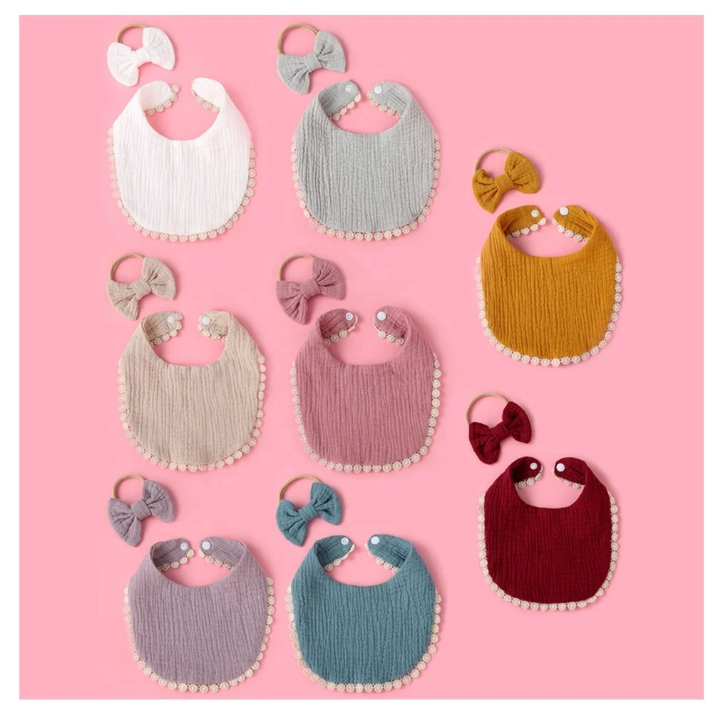 

Australia US 8 Colors Newborn Triangle Scraf Muslin Bib Lace Tassel Bandana Hairbows 2pcs Baby Burp Cloth for Babies
