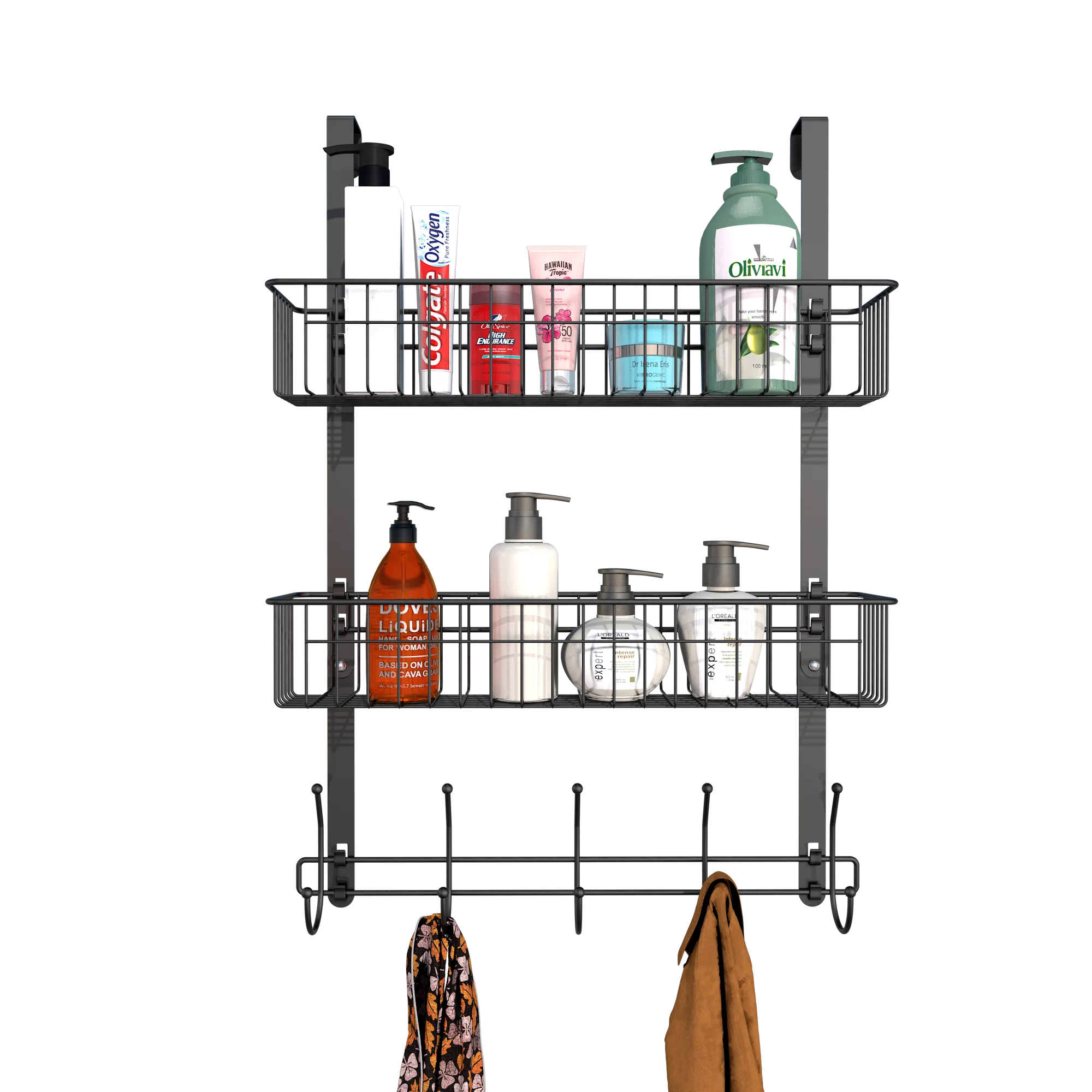 

Durable Black Coating Over The Door 5 Hook Storage Rack,Spice Storage Rack with 2 Mesh Storage Basket