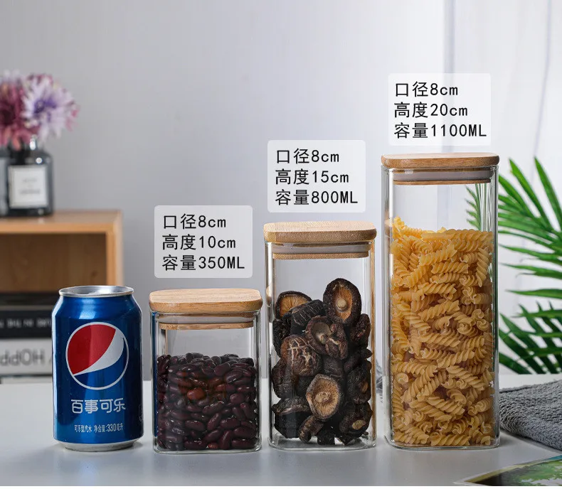 

350ml transparent square glass storage jar with bamboo lid