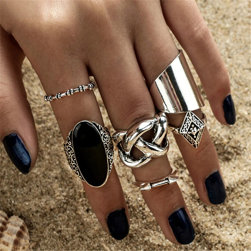 

6 Pcs Set Bohemia Antique Silver Color Cross Arrow Black Rhinestone Charm Vintage Knuckle Rings Sets for Women Party Jewelry, Vintage rings