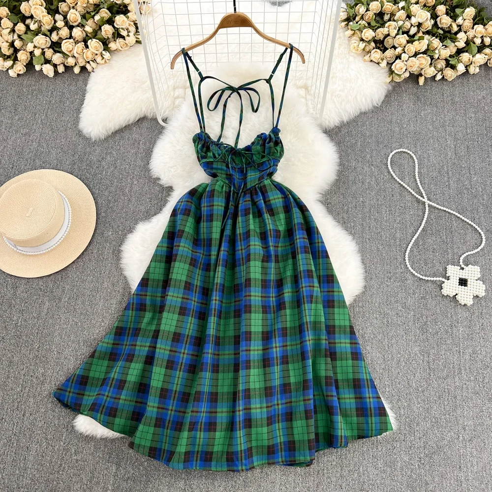 

French Vintage Seaside Vacation Backless Halter Waisted A-Line Plaid Dress Women