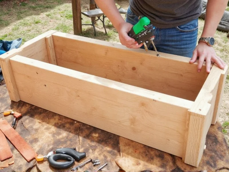 Assembling wooden garden box with screwdriver and materials