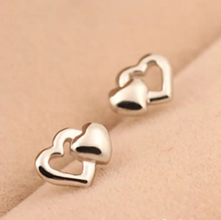 Real 925 Sterling Silver Double Heart Stud Earrings For Women Girls Fashion jewelry