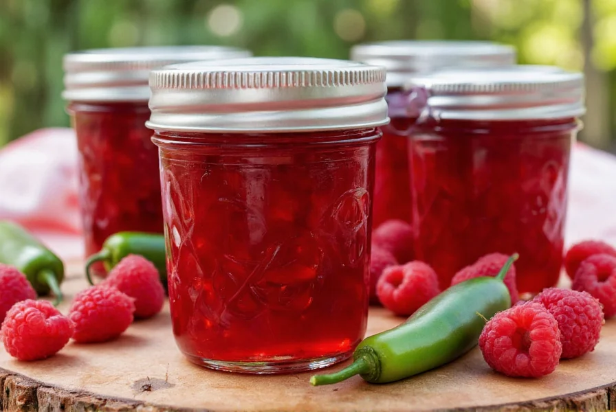 Close-up of homemade raspberry pepper preserves in mason jars with fresh raspberries and jalapeño peppers
