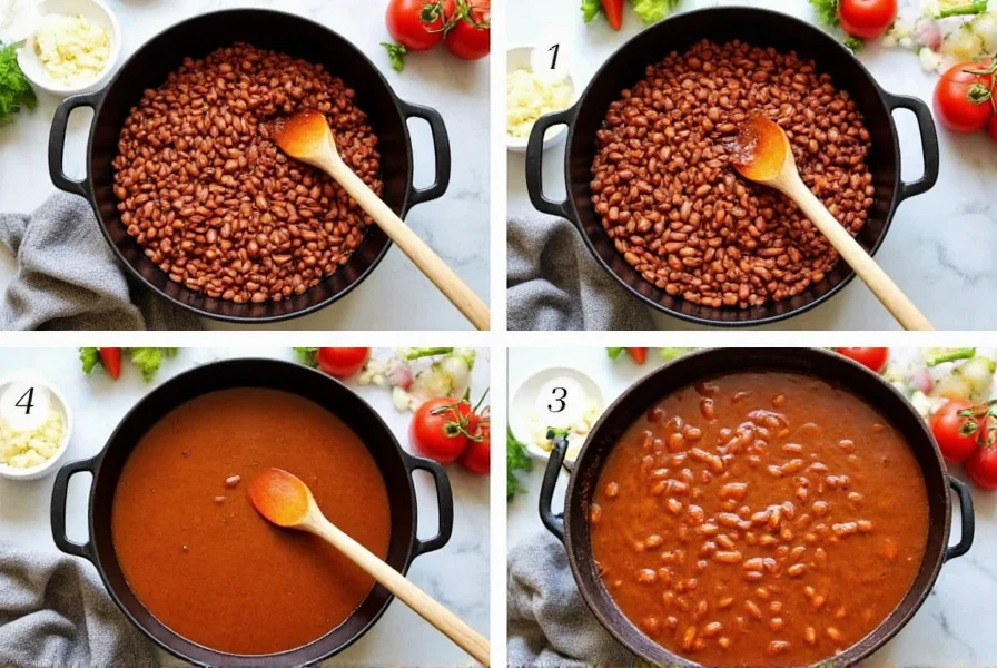 Step-by-step preparation of homemade chili beans showing beans simmering in a cast iron pot with fresh ingredients arranged around it