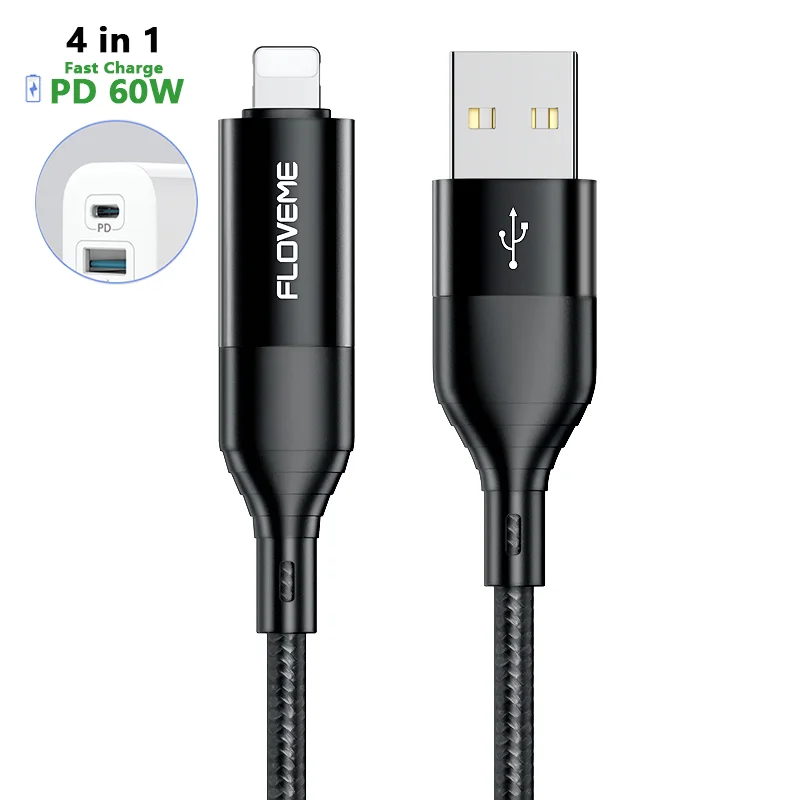 

Free Shipping 1 Sample OK Type C to Type C PD60W 4 in 1 Fast Charging Cable Universal Multi Function Cell Phone Charger Cable