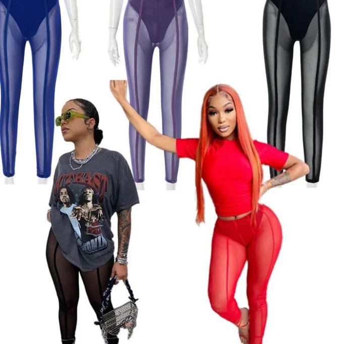 

Latest women sexy perspective solid silk pants mesh legging bodysuit see-through high waist y2k trousers, Picture color