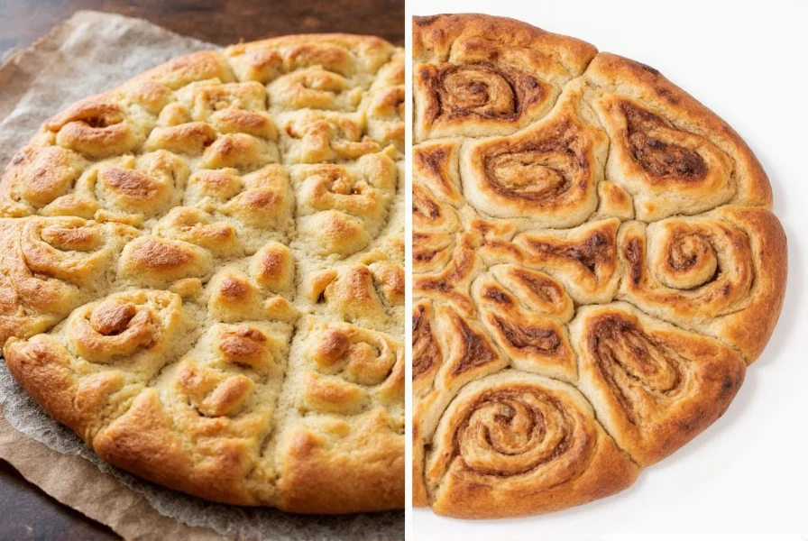Step-by-step cinnamon roll focaccia layering technique showing dough strips and cinnamon sugar