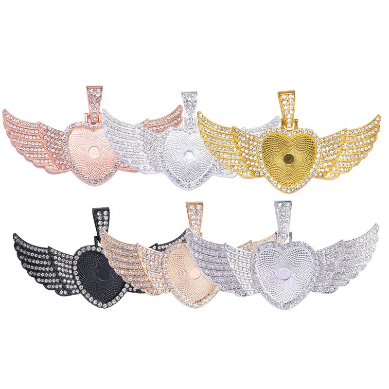 

Amazon Hip Hop Diamond Picture Necklace Charms Blank Heart Sublimation 25mm 30mm Necklace Pendant with Angel Wings, Silver,kc gold,gold,etc