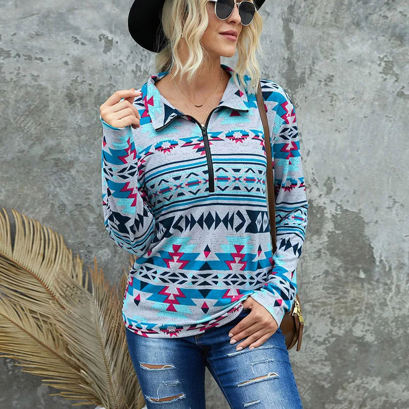 

2021 New Wholesale Long Sleeve Half Zip Aztec Hoodie Turtleneck Sweatshirt oversized custom hoodies