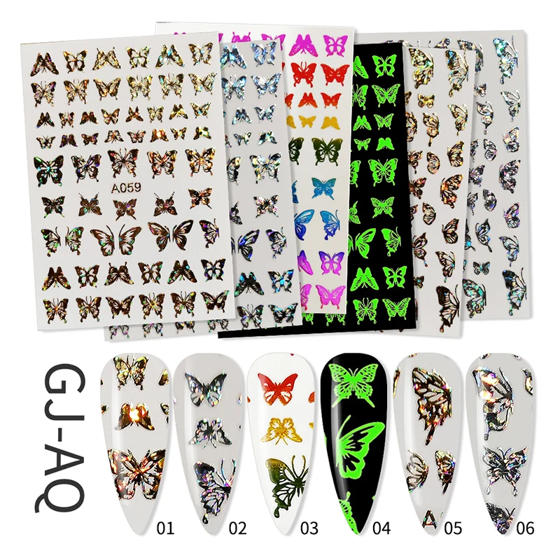 

Hot Sale Laser Colorful Butterfly Nail Art Stickers Glow In The Dark Sticker Decals With 16 Designs