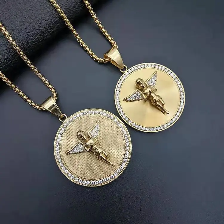 

Jialin Jewelry HIPHOP jewelry Stainless steel gold-plated light luxury Heavy industry zircon angel pendant necklace