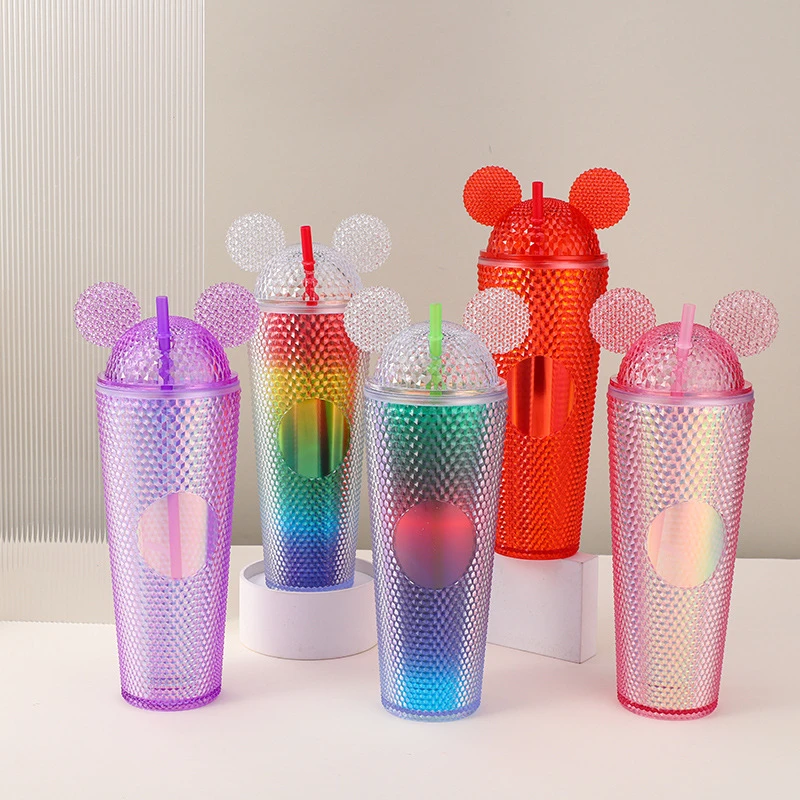 

24oz reusable Double Wall Diamond Plastic Studded Tumbler Matte Tumbler Cup With Mouse Ear Lid And Straw