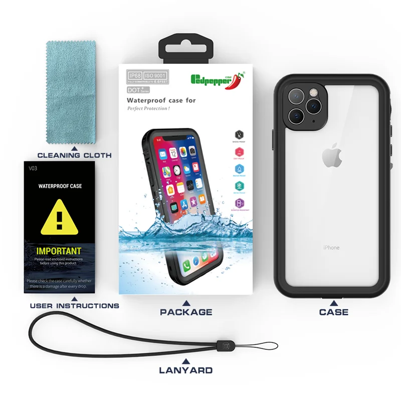 

IP68 waterproof case whole body shockproof and snowproof suitable for iphone 11 12 pro diving phone case with built-in screen, 4 colors