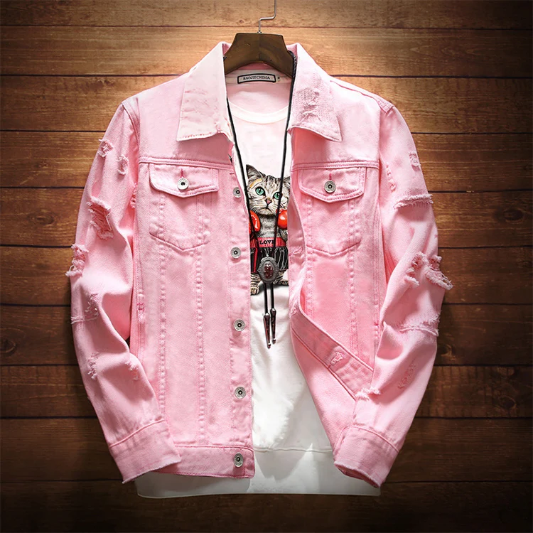 

Jacket Men Ripped Holes Mens Pink Jean Jackets New 2020 Garment Washed Mens Denim Coat Designer Clothes