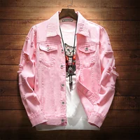 

Denim Jacket Men Ripped Holes Mens Pink Jean Jackets New 2019 Garment Washed Mens Denim Coat Designer Clothes