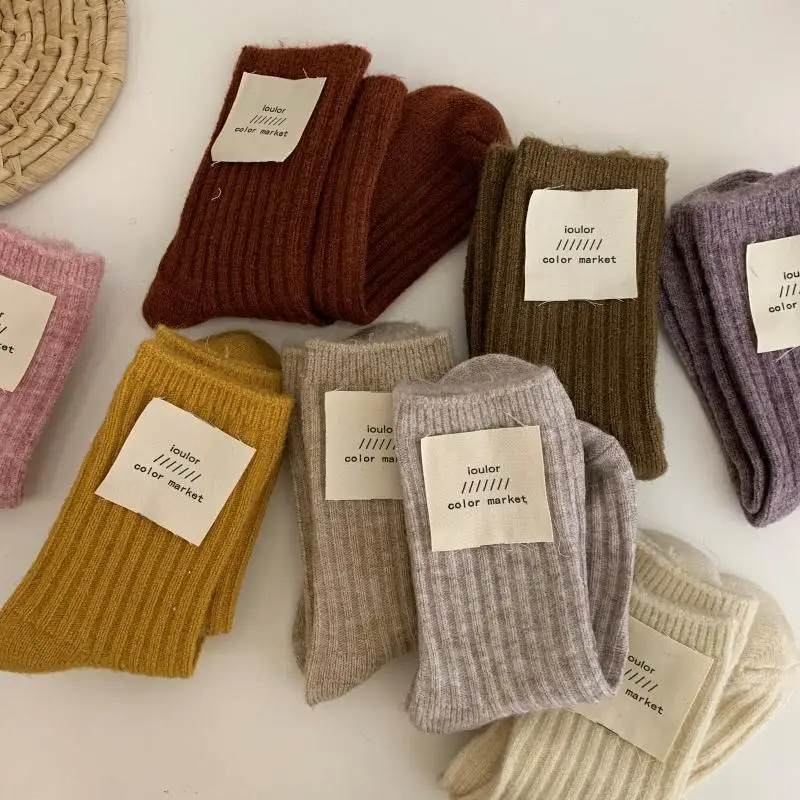

12 Colors Girls Autumn Winter Wool Socks Solid Color Vertical Stripes Woolen Socks
