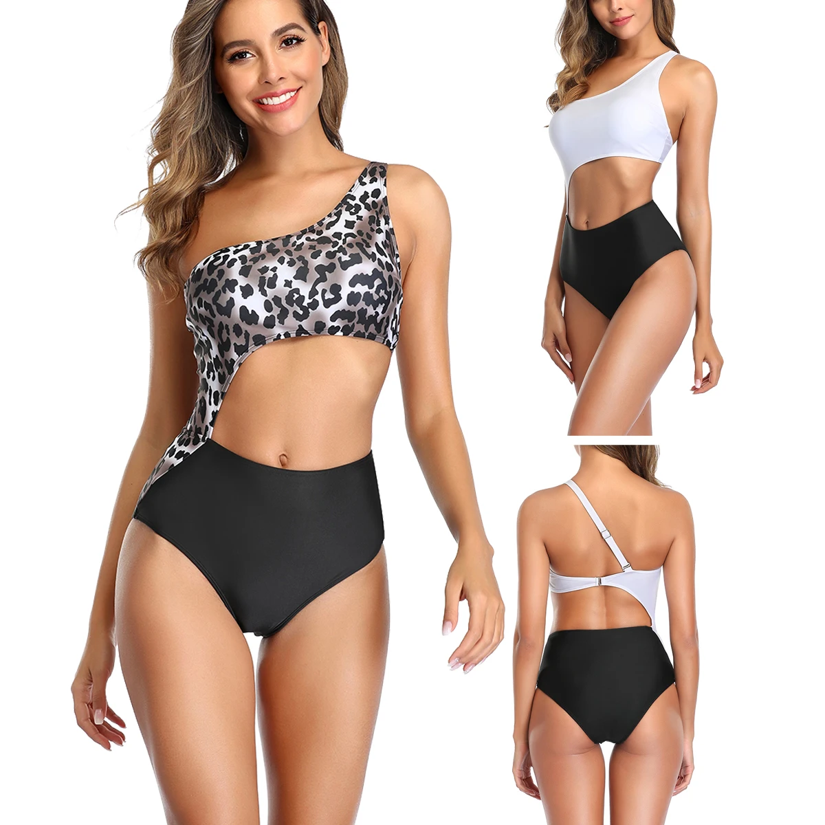

L188 Women's One Shoulder One-Piece Swimsuit Hollow Out Leopard Monokinis Bathing Suits