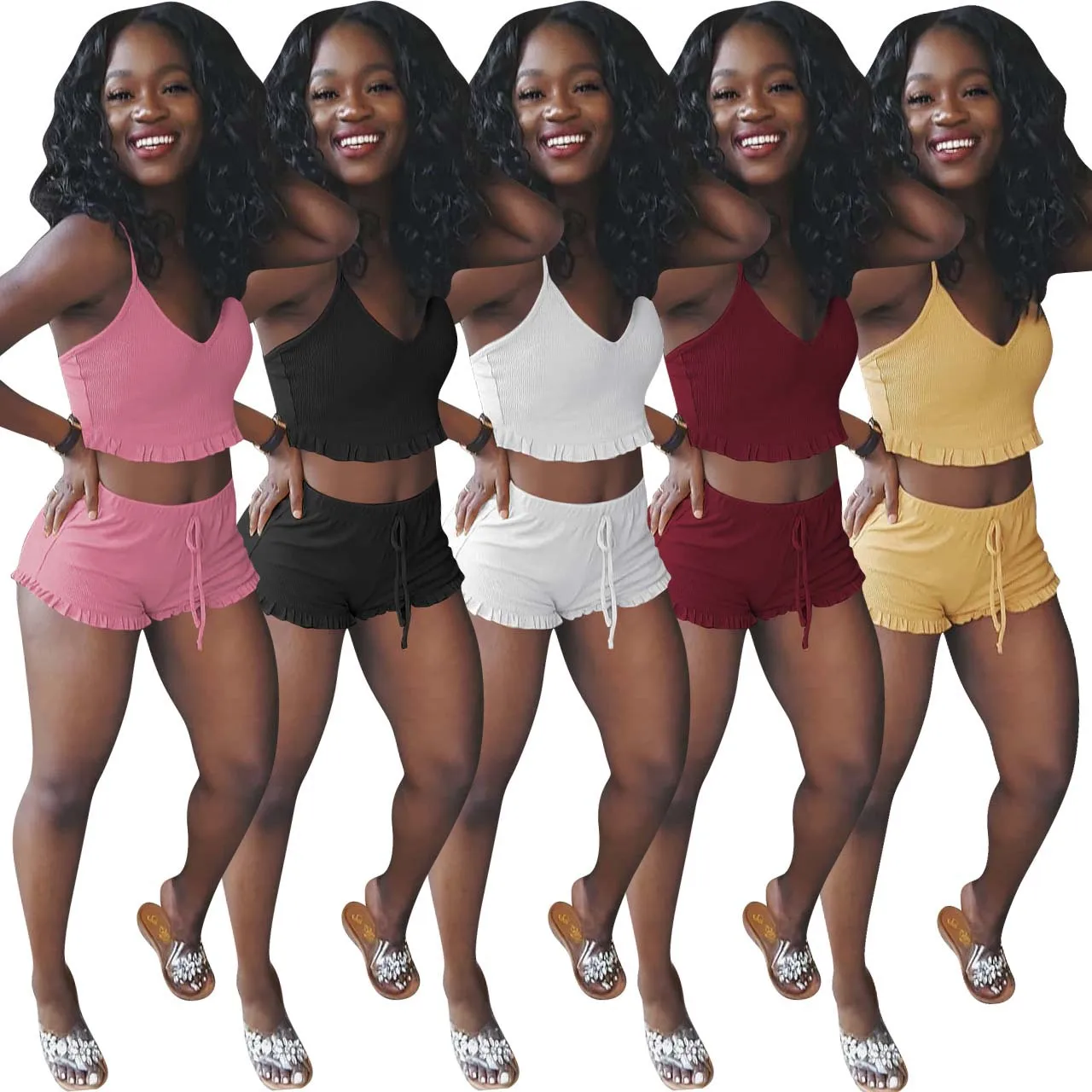 

2021 Summer new clothing lotus leaf sling ribbed sexy 2 piece shorts set for women
