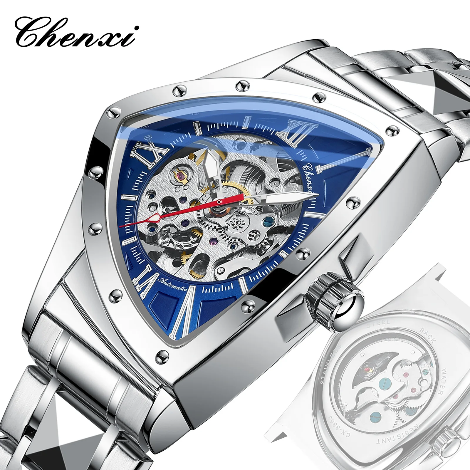 CHENXI Watches 8853 Automatic Triangle Mechanical Watch for Men Classic Stainless Steel Luminous Waterproof Man Wrist Watch