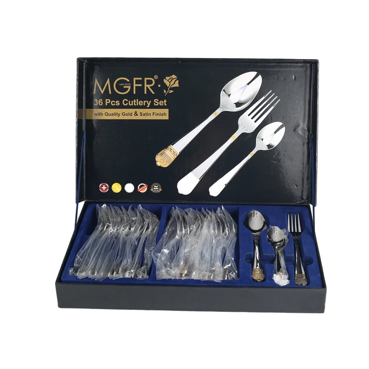 

Wholesale 36 Pieces Gold Tableware Plated Traditional Spoon Fork Set Stainless Steel Cutlery Set