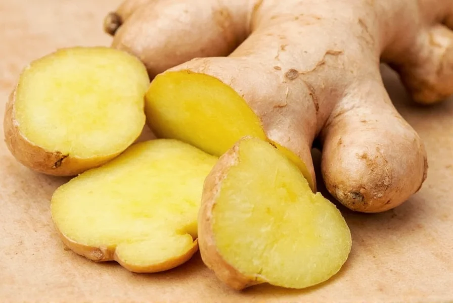 Close-up view of fresh ginger rhizome showing knotted structure, fibrous texture, and pale yellow interior