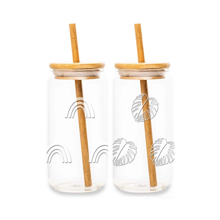 

New Design Custom Private Label Rainbow Leaf Sun Pattern 550ml 16oz Can Shape Glass Tumbler Cup with Bamboo Lid and Straw, Customized color