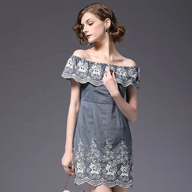 

Wholesale custom embroidered denim one-shoulder dress