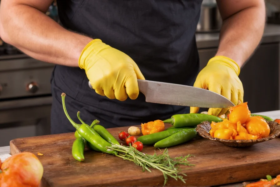 Chef carefully chopping scotch bonnet peppers while wearing protective gloves, with traditional Caribbean ingredients nearby