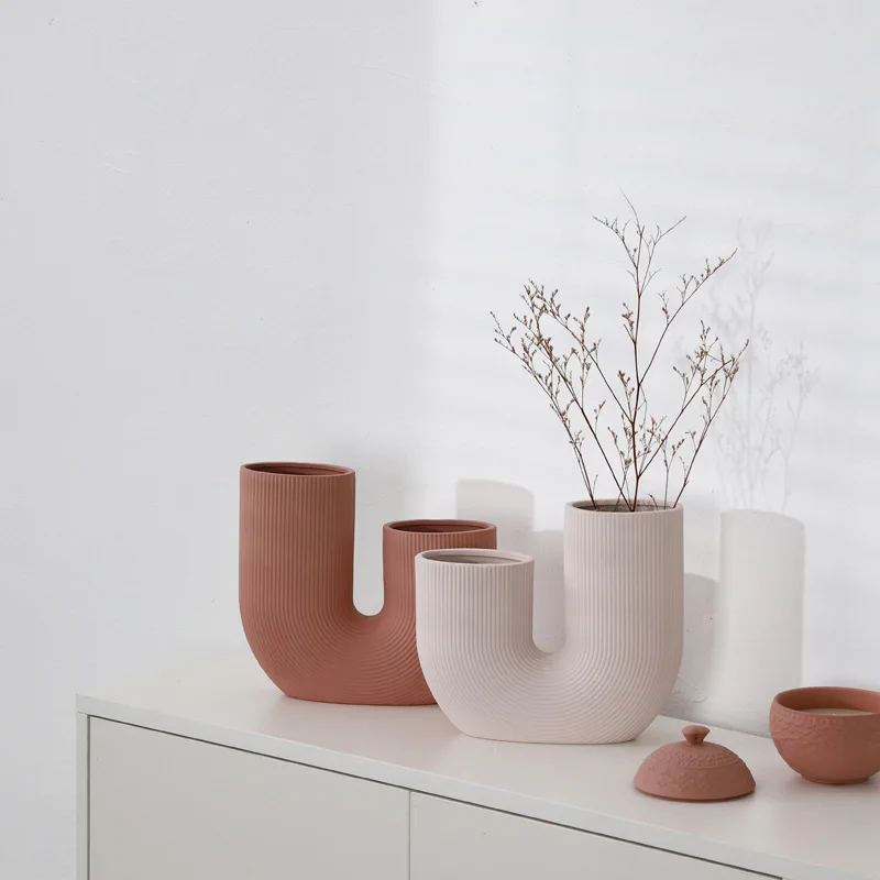 

Nordic U Shape Ceramic Vase Home Decoration Accessories Living Room Interior Office Desktop Table Modern Decor Flower Pots, White ,cream white,grey,brown