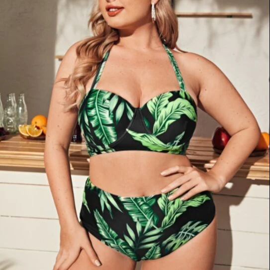 

Custom New 2022 Plus Size Floral Print Two Piece Bikini Set High Waist Halter Swimsuit Women Bandeau Sexy Swimwear