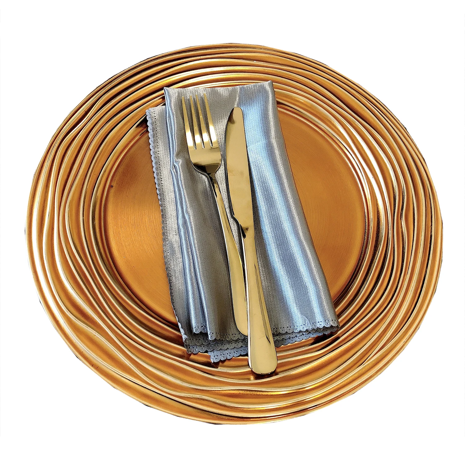 

Round Rimmed Decorative Platic Charger Plates For Dining Table, Gold silver rose gold blakc etc