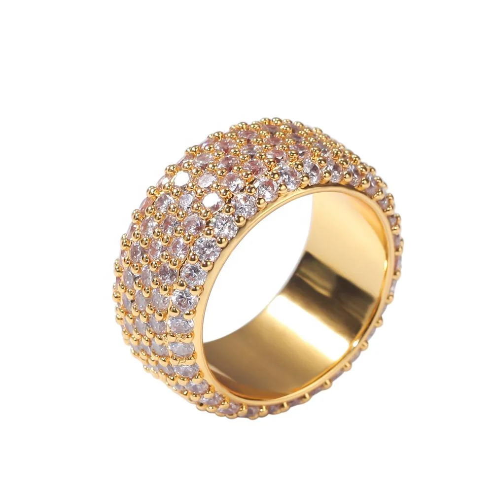 

18K Gold Plated High Quality Wide Band Full Iced Out Cubic Zirconia Men Ring Jewelry hip hop, Gold/silver