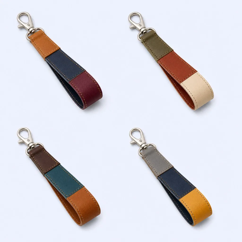 Four leather wrist strap keychains in different color combinations