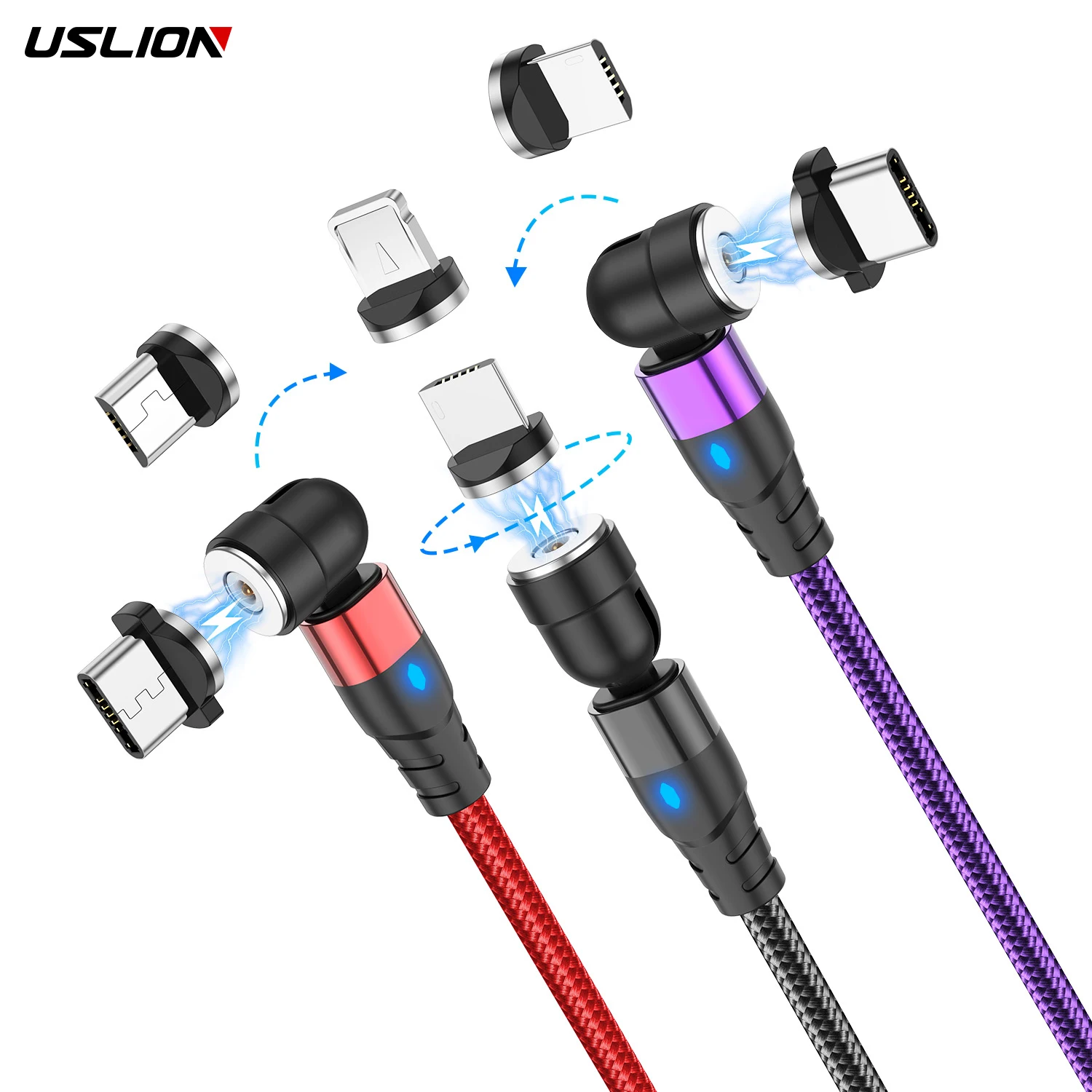 

USLION 1M 3.3FT Wholesale 3 in 1 USB Magnetic Fast Charging Cable 540 Degree free rotation micro usb cable, Black/red/silver/purple