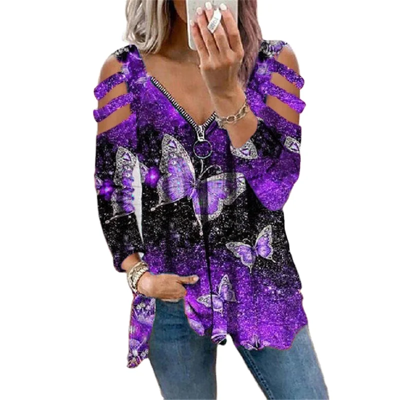 

Wholesale Customized Good Quality Ladies Printed Zip Long Sleeve T-shirt Top, Green, purple, red, orange, sky blue, color blue