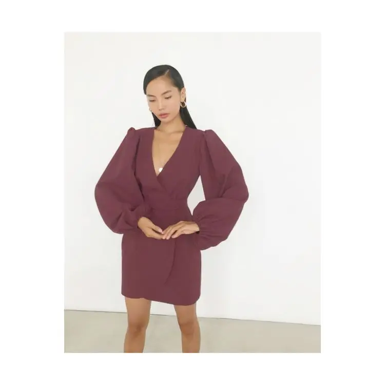 

Hot women casual v-neck lantern long sleeve belted irregular hem solid mini dress