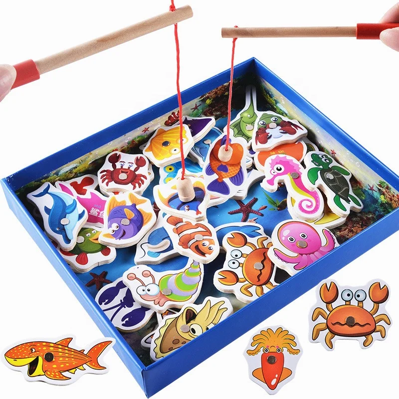 

New Children Baby Educational Toy Fish Wooden Magnetic Fishing Toys Set Game for Kids with Gifts Box