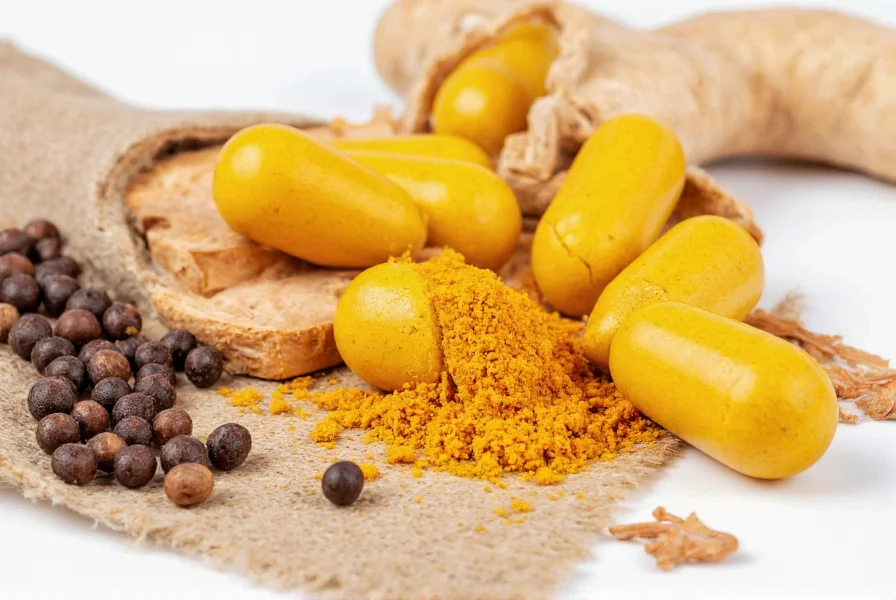 Turmeric supplement capsules with black pepper and healthy food ingredients showing optimal consumption method