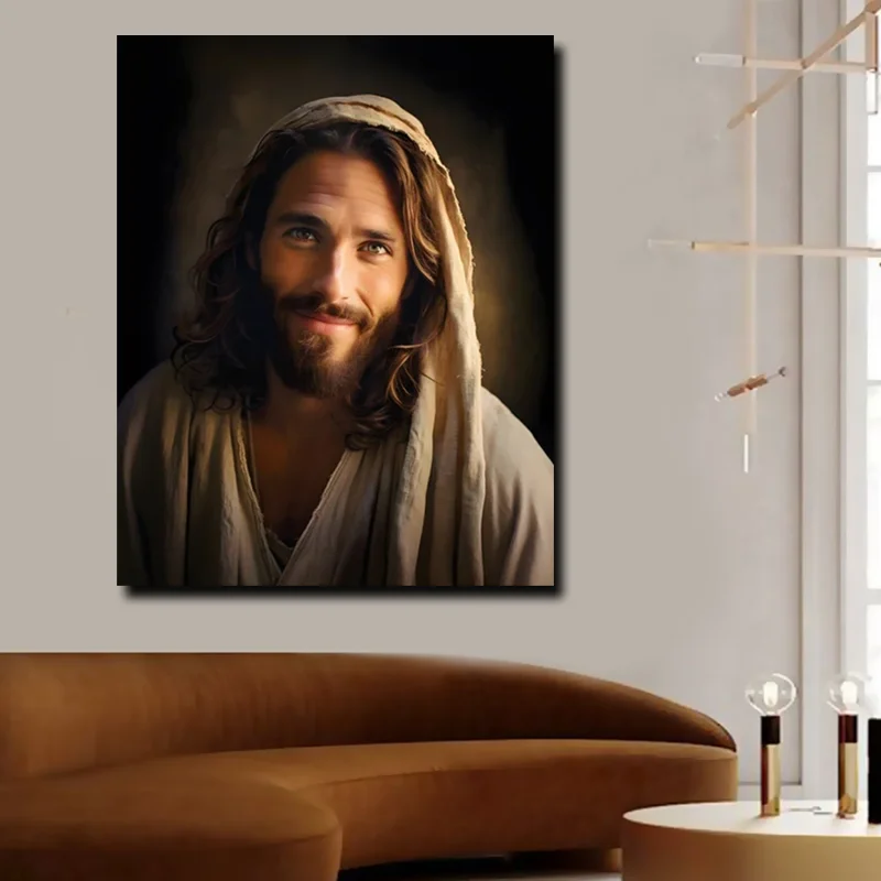 Wholesale Smiling Jesus Canvas Painting Jesus Art Christian Wall Art Pastor Gift Jesus Portrait Church Decor