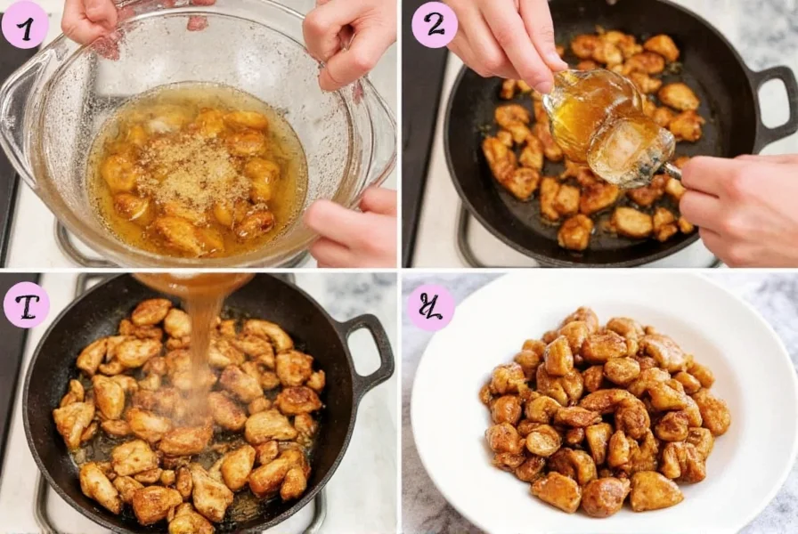 Step-by-step preparation of honey ginger chicken showing marinating chicken, stir-frying, and final plated dish