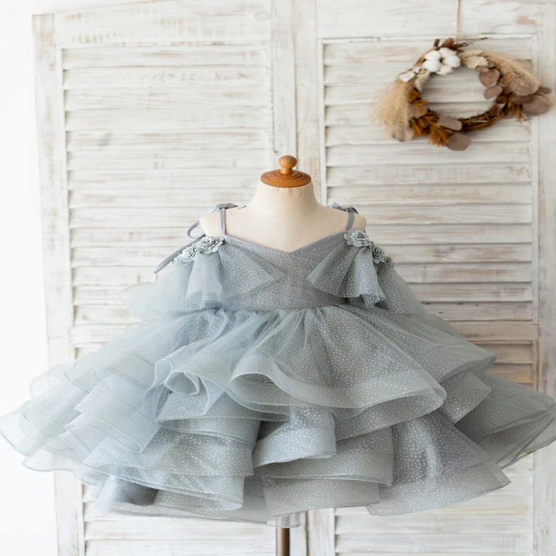 

Gray Glittering Tulle Spaghetti Straps V Back Wedding Flower Girl Dress Kids Party Dress