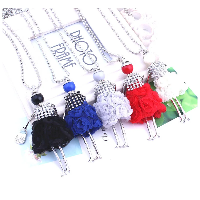 

European Colorful Pearl Crystal Doll Pendant Necklace Lovely Paved Rhinestone Rose Dress Doll Sweater Necklace For Elegant Lady