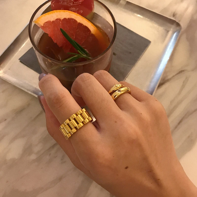 

Fashion Stainless Steel Ring 18K Gold Plated Watchband Link Chain Rings Jewelry Women