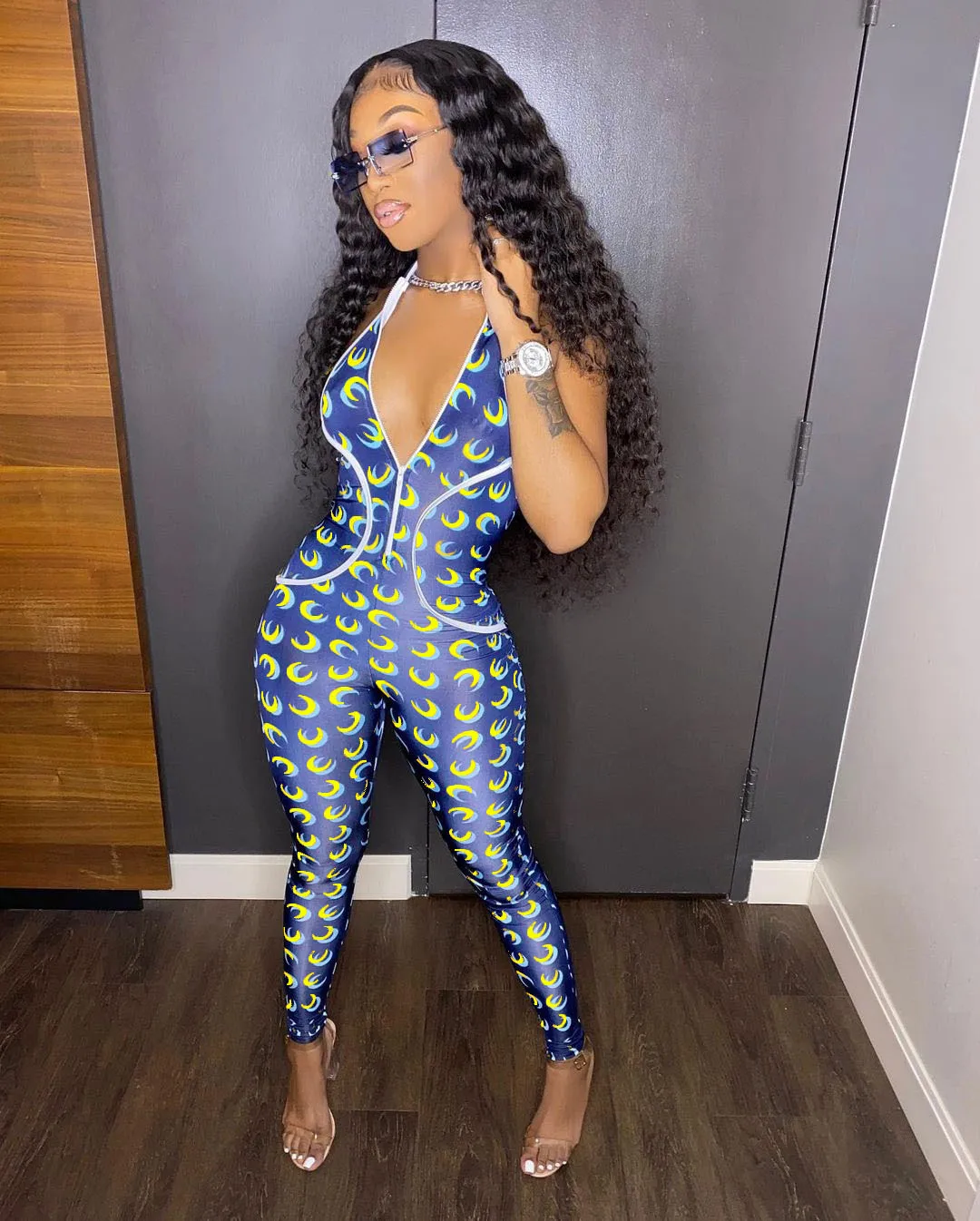 

M088 sexy fashion double moon print zipper suspender halter jumpsuit for women