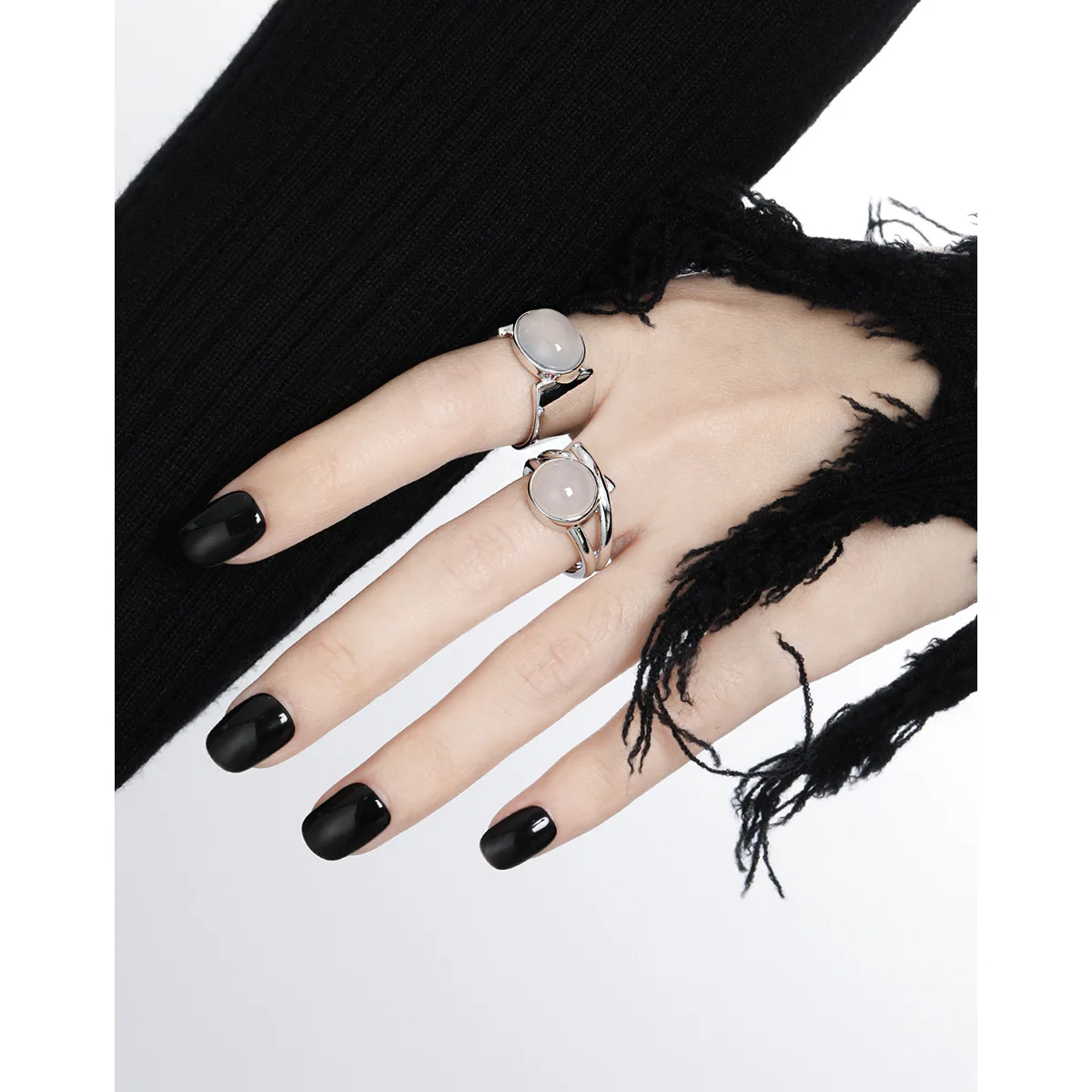 Wholesale High Quality 925 Wide Version Rings Jewelry Women 925 Sterling Silver Plain Green Agate Rings Irregular Open Rings