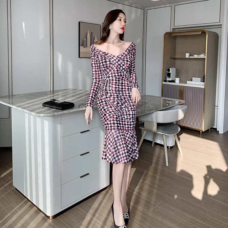 

ZYHT 5258 Trending Cross Ruffle Hem Plaid Elegant Casual 2022 Midi Women's Clothing Dress