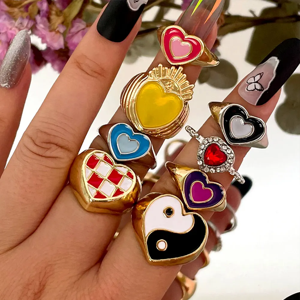 

Y2K Jewelry Wholesale Fashion Cute Women Heart Finger Rings Gold Plated Enamel Geometric Ring, Gold, sliver color