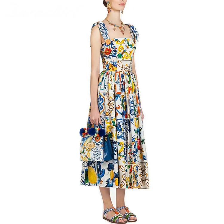 

Fashion Runway Summer Dress 2021 Women's Long Bow Spaghetti Strap Print Dress