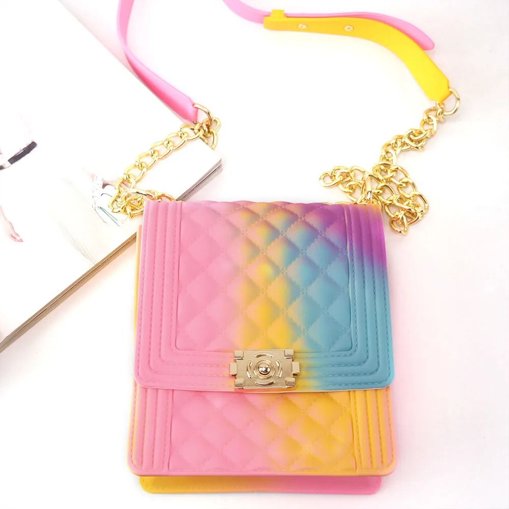 

2021 High quality lady handbag rainbow colorful jelly purses and handbags womens wallets for women fashionable, Solid/ rainbow